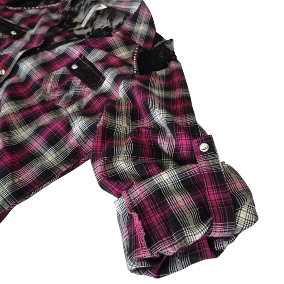 Adiktd Women's Plaid Pearl Snap Western Lace Trimmed Embellished Rodeo Shirt L - Picture 7 of 12